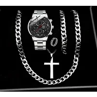 5 Pcs/set Men's Fashion Watch Set, Quartz Wristwatc Hip Hop Cuban Chain Necklace, Bracelet & Ring, Business Style Accessories