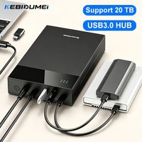 KEBIDUMEI 2.5/3.5 HDD/SSD Enclosure USB3.0 HUB Support 20TB USB Ports External Hard Drive Box for 3.5 2.5 Inch SATA SSD HDD Case