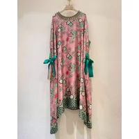 Ladies' luxurious beaded embroidered silk shawl dress with lace ties embellished loose cut and vintage printed long skirt