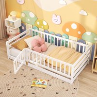 Floor Bed with High Rails, Solid Wood Kids Montessori Beds Frame w/Safety Guardrails & Door, Twin Size Bedframe Platform w/