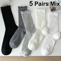 5Pairs Women's Solid Color Hollow Mesh Mid-Calf Socks Trendy Ruffle Trim Light Sweet Summer Thin Socks for Daily Outfits & Beach