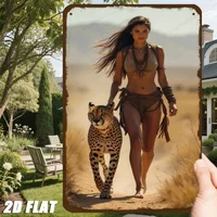 Vintage Desert Woman with Cheetah Metal Tin Sign 8x12 Inch, Waterproof Wall Art for Home Bar Cafe, Desert Theme Decor Wedding