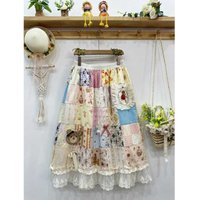 Japanese Vintage Lolita Mori Girl Lace Cartoon Plaid Print Patchwork Skirts Women Summer Elastic Waist Casual Cotton Skirts