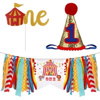 3 pcs Circus Animal Print Birthday Banner Set With Cake Flag Shiny Hat For Birthday Party Supplies Baby Shower Decorations