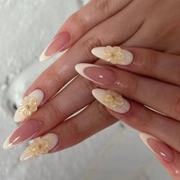 Almond Press on Nails Nude Gradient French Fake Nails 3D Peach Flower Detachable Ins Manicure Spring Summer Daily Wear Dating
