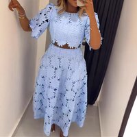 Two Pieces Women Hollow Out Dress Set Solid Matching Sets Half Sleeve Tops Ankle Lenth A Line Skirt Slim Fit Casual 2026 Summer