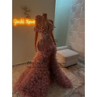 Customized 3D Floars Mermaid Prom Dress Aso Ebi Sparkly Beaded Crytals Evening Gown Long African Side Ruffle Wedding Party Dress