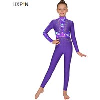 Girls Shiny Sequins Rhinestones Rhythmic Gymnastics Leotards Long Sleeve Jumpsuit Dancewear Figure Skating Stage Performance Top