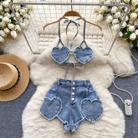 Blue American Hotsweet Sets Halter Sleeveless Backless Love Bikini Tops Button Basics Shorts Sexy Denim Suits Vintage Beach Suit