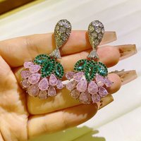 Copper Inlaid Zircon Green Leaf Pink Drop Petal, Green Zircon Sweet & Luxurious Jewelry, Women's Dangle Earrings, Fashion Jewelr