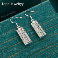 925 Sterling Silver Delicate Hollowed-out Rectangular Pillar Earrings, Fashionable Women's Wedding Gift Accessories
