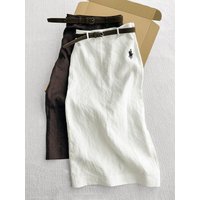 High Waist Midi A-Line Skirt Embroidered Linen Split Backless Women's Summer Fashionable Half Body Skirts Breathable Skin-Fri...