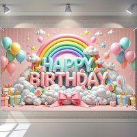 Happy Birthday Background Banner - Balloon and Rainbow Design, Polyester Photo Background for Parties