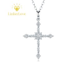 LinkerLove S925 Silver Moissanite Cross Pendant Necklace with Round Center Stone Emerald Cut Diamond Choker Jewelry for Women