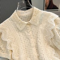 French Retro Hollow Hook Flower Chic Shirt Women 2025 Summer Spliced Lace Short Sleeve Tops Sweet Versatile Blouse ブラウス