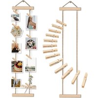 Wood Photo Hanging Rope with Wooden Clips Multi Picture Display Rack Wall Decor for Dorm Bedroom Desk DIY Photo Organizer