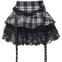 plus Size Black Plaid JK Skirt Lace Puffy Summer School Uniform Style Women's Fashion Shape Body Type Skirt