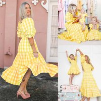 Yellow Plaid Dresses Fashion Beach Styles Long Dresses for Ladies Vestido Elegant Party Dresses Ladies Dresses Half Sleeve Dress