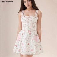 2025 Sweet Flower Print Contrast Plaid Bow Collar Pleated Strap Sling Dress Slim Low Waist Swing A line Short Tank Dresses Robe