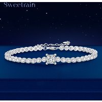 Sweetrain Real Moissanite Tennis Bracelet for Women 925 Sterling Silver Princess Cut Diamond Bracelets Wedding Fine Jewelry GRA