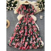 Summer French Floral Long Dress Women's Retro V-neck Ruffle Sleeves High Waisted Vacation Party Cake Chiffon Dress Female C179