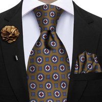 Luxury Soft Silk Mens Ties Floral Brown Green Red Ties Paisley NeckTie Pocket Square Brooch Set Men's Wedding Party Tie