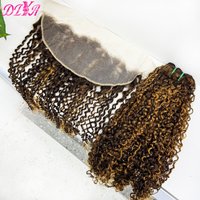 Double Drawn Highlight Pixie Curly Human Hair Bundles with 13x4 Transparent Lace Frontal Virgin Hair Extensions for Black Women