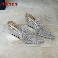 Silver Fashion Mesh Women Wedges Slippers Sandals Shoes Mules New Summer Pointed Toe Ladies Wedges Shoes Heeled Sandals Slides