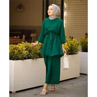 Ramadan Muslim Set Long Sleeve Belted Casual 2 Piece Suit Women Islam Clothing Turkey Dubai Abaya Kaftan Dress Outfits Tops Pant