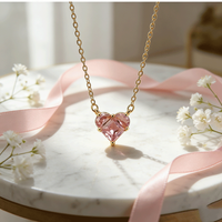 Gold Plated Heart Pendant Necklace With Pink Zirconia Dainty Sparkling Elegant Fashion Clavicle Chain For Women Birthday Gift