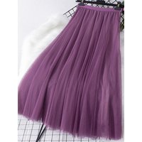 New Big Hem Long Tulle Skirt Women Korean Casual Simple Solid 3 Layers A Line High Waist Maxi Skirt Female Lady Purple