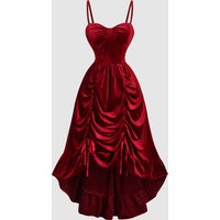 Women Sweetheart Neck Satin Slip Dress, Burgundy Ruched Detail Asymmetric Hem, Elegant Cocktail Party Evening Midi Gown