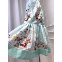 Cotton and linen printed sleeveless suspender mint green dress classic retro elegant vacation women's slim fit fishtail skirt
