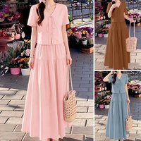 ZANZEA Elegant Women 2 Pieces Sets Summer 2PCS Outfits Stylish V Neck Short Sleeve Blouse Dress Sets Casual A Line Skirt Suit