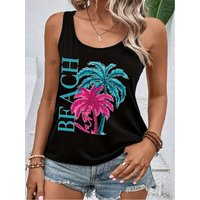 Women's cool summer tops with coconut tree prints, sleeveless tops. Comfortable and casual beachwear for a vacation style.