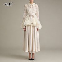 VGH White Two Piece Set for Women Lapel Flare Sleeve Spliced Ruffles Lace Blouse High Waist Simpel Vest Dress Fairy Suit Female
