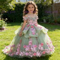 Luxury Quality Green Flower Girl Dress Tulle Fluffy Quality Flowers Applique for Wedding Princess Birthday Party Evening Gowns