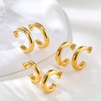 Three Pieces Set High-polished Stainless Steel C-shaped Earrings for Women, Minimalist Gold Plated Hypoallergenic Hoop Earrings