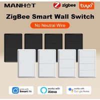 Manhot Tuya ZigBee US Smart Light Switch 1-4 Gang Push Button Wall Switch No Neutral Wire Required Work With Alexa Google Home