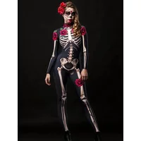 Robe de soirée à thème de mariée fantôme pour filles, Costume d'halloween pour femmes, motif squelette Rose imprimé, combinaison de fête à manches longues