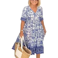 Women Elegant Flower Print Dress Summer Half Sleeve V Neck Pullover Dresses Comfortable Casual Loose Female Gown Large Size 5XL