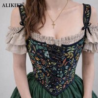 Lace Up Overbust Corset Crop Top Vintage Jacquard Bustier Plus Size Camis Boned Gorset For Dress Backless Sexy Tank Top