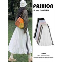 High Waist A-Line Skirt Women's Summer 2026 New Style White Stripe Workwear Skirt Flared Long Skirt Casual Nylon Polyester