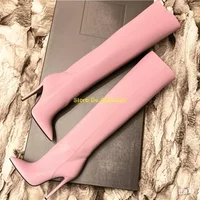 Bottes en cuir rose à talon fin et haut, sexy, à bout pointu, avec fermeture éclair, pour femme, hiver, cuissardes, couleur unie