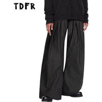 Pleated Striped Casual Pants Mens Retro Autumn Winter Baggy Wide Leg Pants Man Trousers