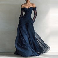 Women's Elegant Mesh Splicing Draped Long Dress Casual Long Sleeve Solid Maxi Dress Sexy Off Shoulder Waist Formal Party Dress