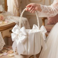 Satin White Wedding Flower Basket Vintage Elegant Pearl Handle Basket Classic Rustic Bowknot Flower Girl Basket Photoshoot Prop