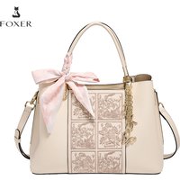 FOXER 2026 Mother's Day Gift Handbag Split Leather Chinese Style Embroidery Tote Bag Women's Luxury Elegant Shoulder Bag Fashion