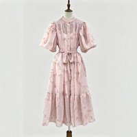 Boho Fairy Light Blue Tulle Lace Dress Women Puff Sleeve Button Up Tie Waist Long Maxi Dress for Beach Vacation