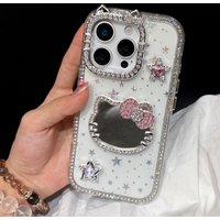 Sanrio Hello Kitty Glitter Diamond Bow Mirror Phone Case For iPhone 16 15 14 Plus 13 12 11 Pro Max Transparent Protection Cover